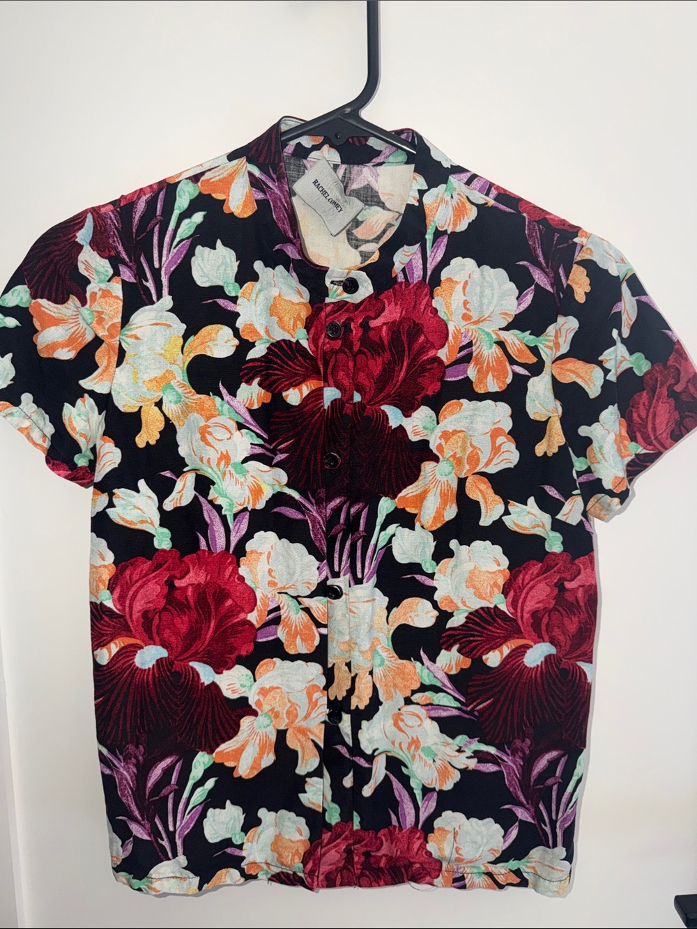 Rachel Comey Black Floral Short-Sleeve Button-Up Shirt with Red & Orange Blooms
